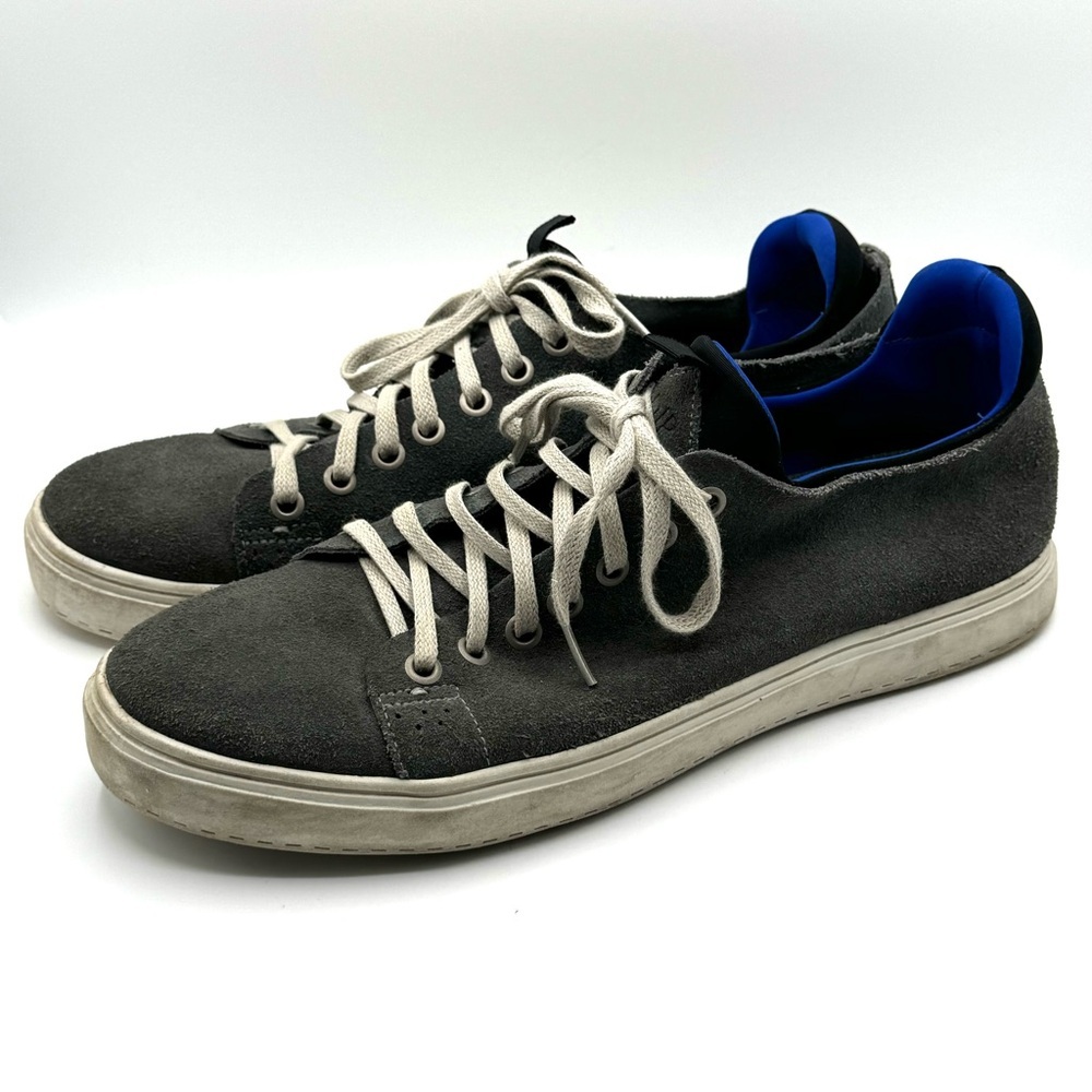 DONALD J PLINER Prenton Gray Suede Sneakers Bright Blue Sock Lining Size 9.5